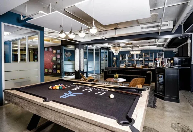 The Fuel-branded billiards table and shared office space